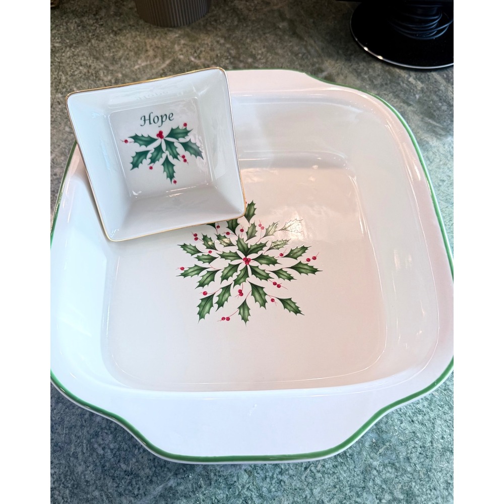 Lenox Holiday Holly Square Baker & Hope Serving Bowl 2 Piece Set